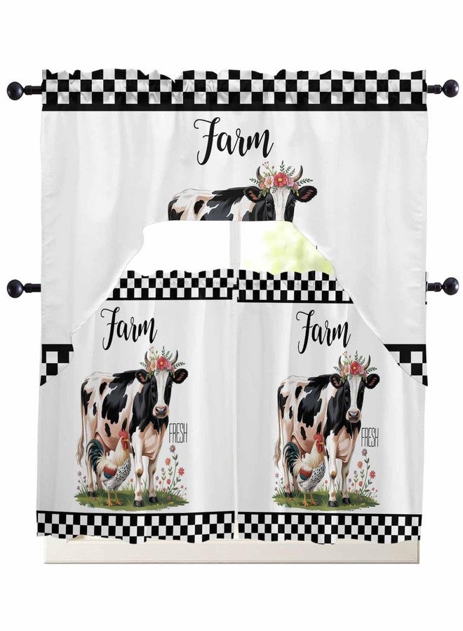 Jolunifun Cow Rooster Swag Kitchen Curtain Sets with Valance,3 Pieces Rod Pocket Curtain Drapes for Bedroom Living Room Bathroom Cafe Windows,Farm Black White Checkered Wildflower 56''x36''&24''x27.5''x2Panels - Image 1